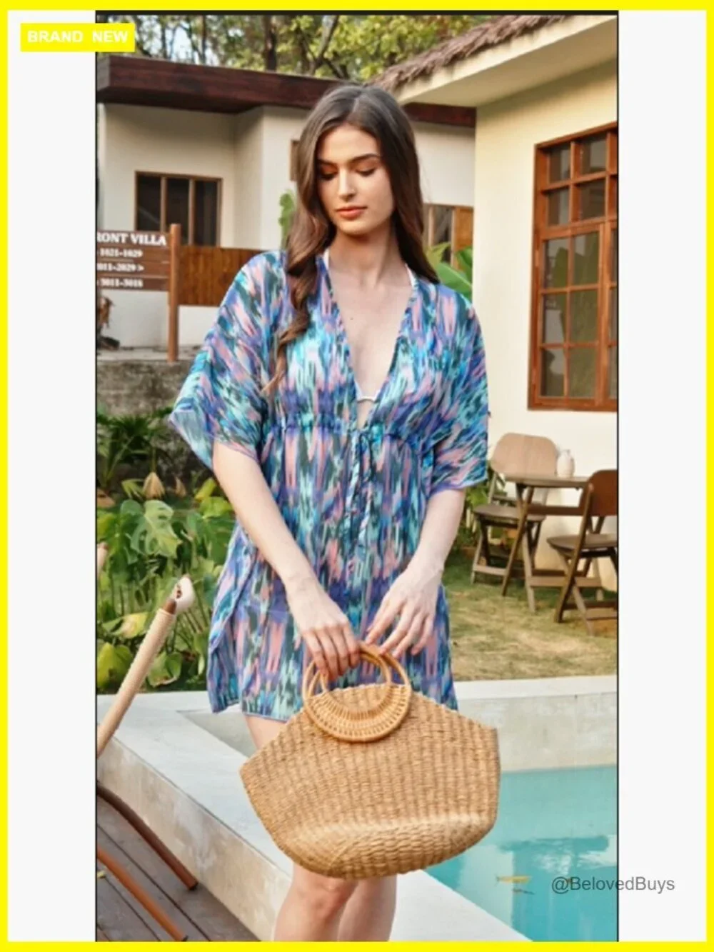 Tie Dye Sheer Chiffon Cover Up Beach Dress with Tie Waist Deep V Neck Dolman